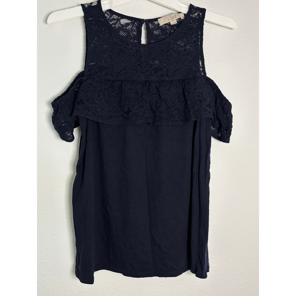 Ann Taylor LOFT Navy Blue Lace Cold Shoulder Ruffle Top Womens Medium
